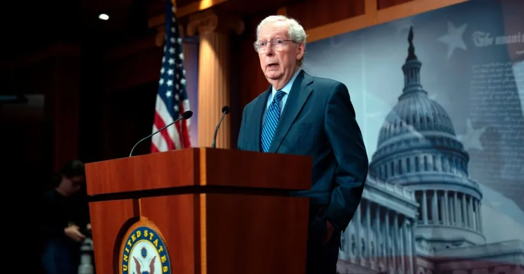 Senate Minority Leader Mitch McConnell praises support for Ukraine as the Senate is on track to pass $95 billion in war aid to Ukraine, Israel and Taiwan, at the Capitol in Washington, 