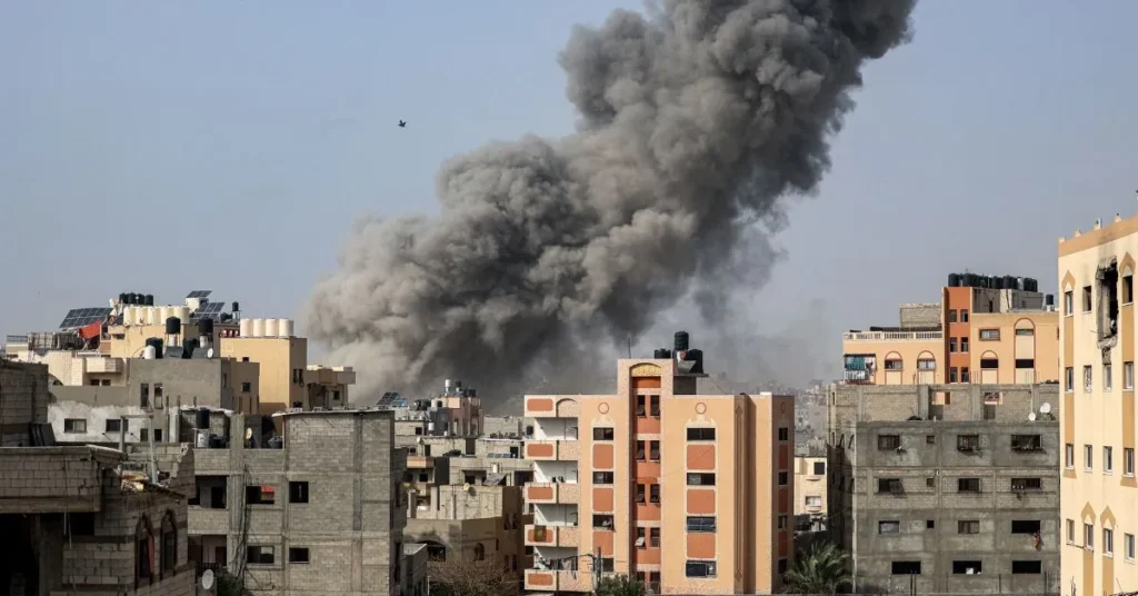 Smoke rises during an Israeli bombardment in Gaza City on April 18